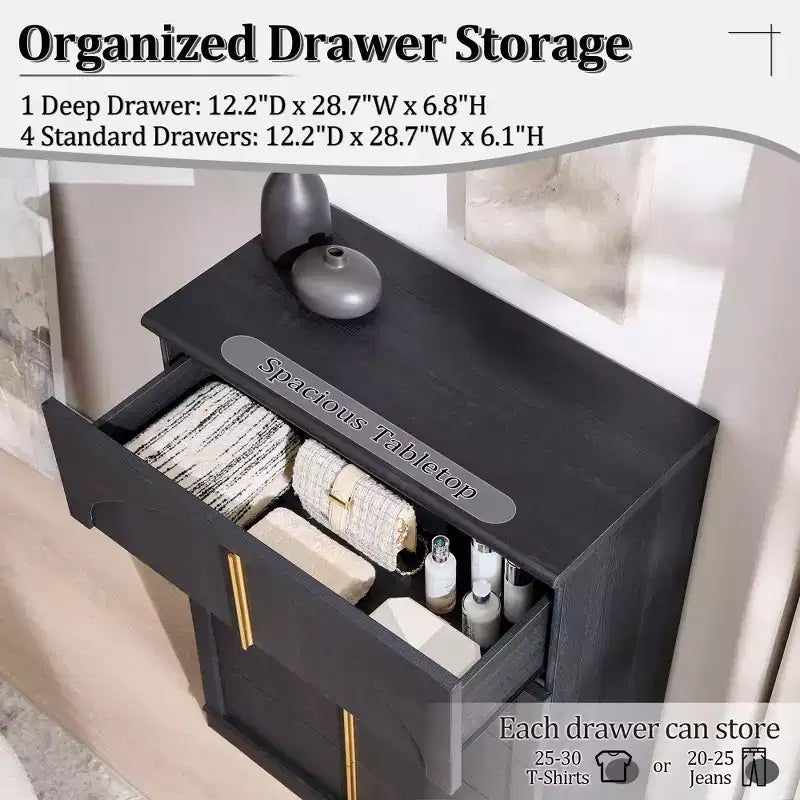 Commode à 5 tiroirs, commode haute de 44 avec panneaux arqués, finition texturée naturelle, pour la chambre