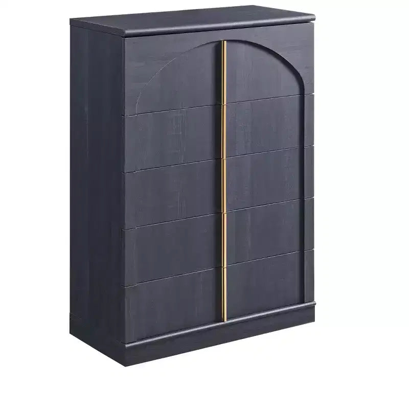 Commode à 5 tiroirs, commode haute de 44 avec panneaux arqués, finition texturée naturelle, pour la chambre