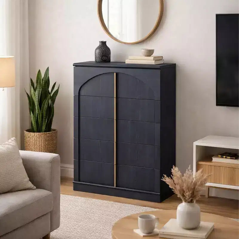 Kommode mit 5 Schubladen, 44 Zoll hohe Kommoden und Schubladenschränke mit gewölbtem Paneeldesign, moderner hoher Holzschrank mit natürlicher Textur fürs Schlafzimmer