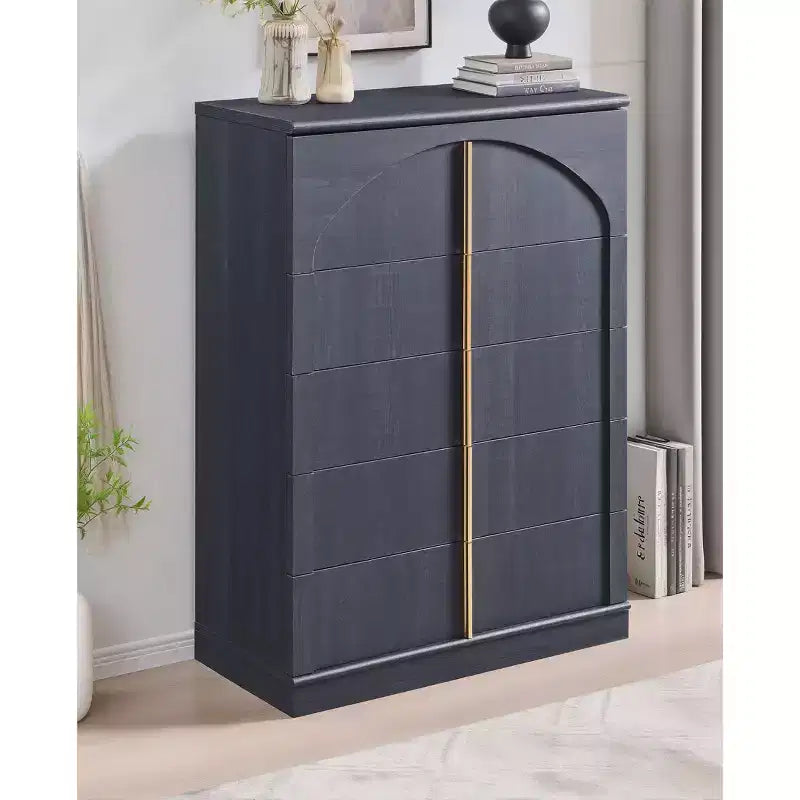 Kommode mit 5 Schubladen, 44 Zoll hohe Kommoden und Schubladenschränke mit gewölbtem Paneeldesign, moderner hoher Holzschrank mit natürlicher Textur fürs Schlafzimmer