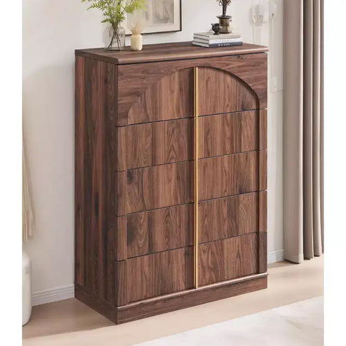 5 Drawer Dresser, 44 Tall Dressers &amp; Chests of Drawers Arched Panel Design, Wood Modern Vertical Dresser Natural Texture for Bedroom