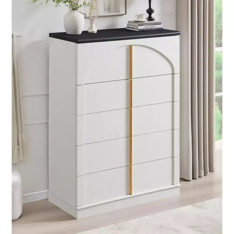 Kommode mit 5 Schubladen, 44 Zoll hohe Kommoden und Schubladenschränke mit gewölbtem Paneeldesign, moderner hoher Holzschrank mit natürlicher Textur fürs Schlafzimmer