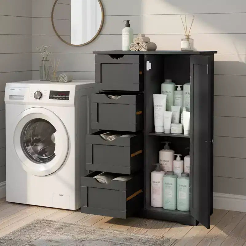 Armario negro de almacenamiento para baño con 4 cajones y 1 puerta