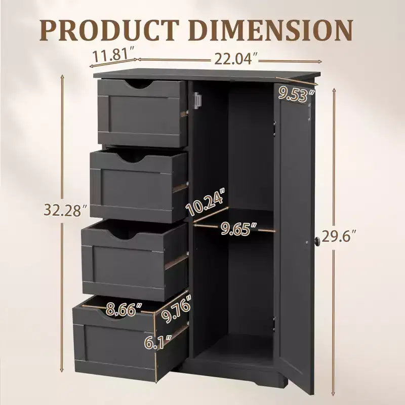 Armario negro de almacenamiento para baño con 4 cajones y 1 puerta