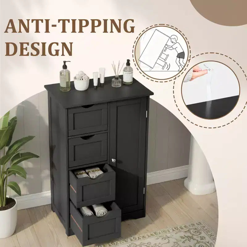 Armario negro de almacenamiento para baño con 4 cajones y 1 puerta