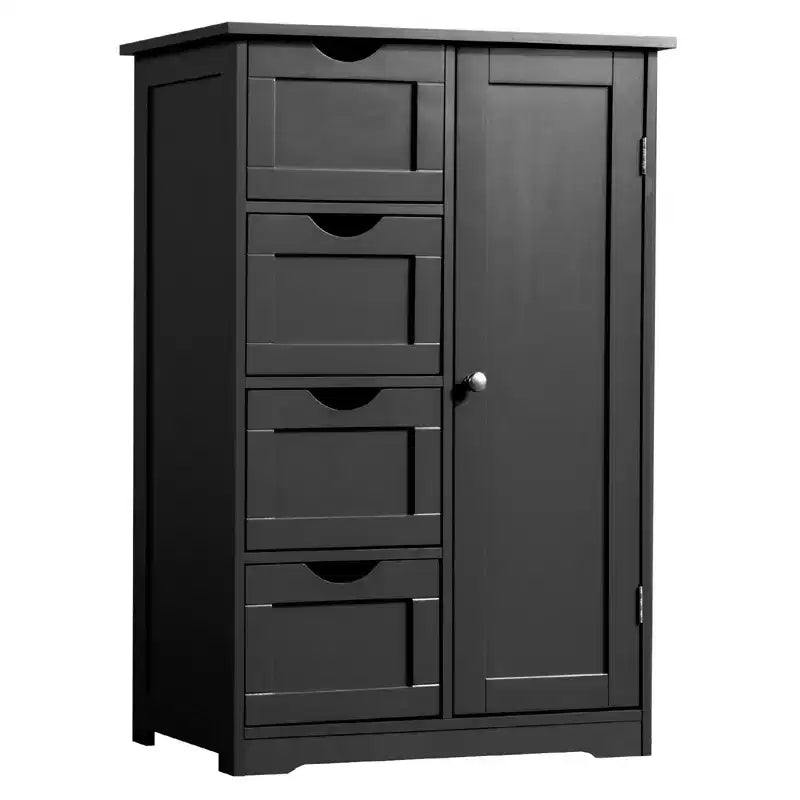 Armario negro de almacenamiento para baño con 4 cajones y 1 puerta