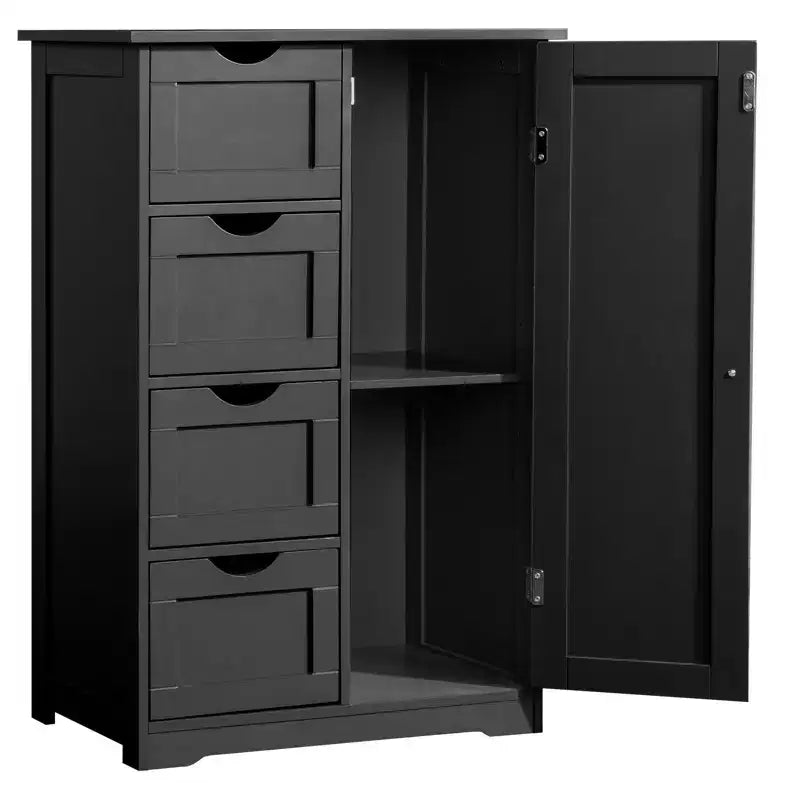 Armario negro de almacenamiento para baño con 4 cajones y 1 puerta