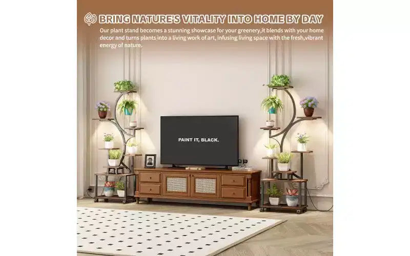 Soporte esquinero alto para plantas de 62 pulgadas con luces, para plantas de interior, estantería para flores de 8 niveles, estante decorativo en forma de S para sala de estar, negro