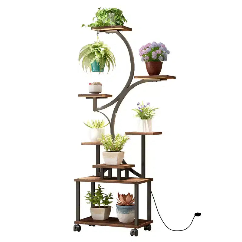 Soporte esquinero alto para plantas de 62 pulgadas con luces, para plantas de interior, estantería para flores de 8 niveles, estante decorativo en forma de S para sala de estar, negro