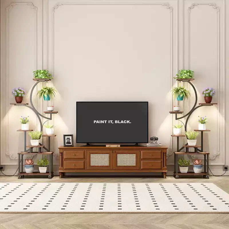 Soporte esquinero alto para plantas de 62 pulgadas con luces, para plantas de interior, estantería para flores de 8 niveles, estante decorativo en forma de S para sala de estar, negro