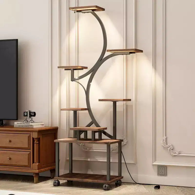 Soporte esquinero alto para plantas de 62 pulgadas con luces, para plantas de interior, estantería para flores de 8 niveles, estante decorativo en forma de S para sala de estar, negro