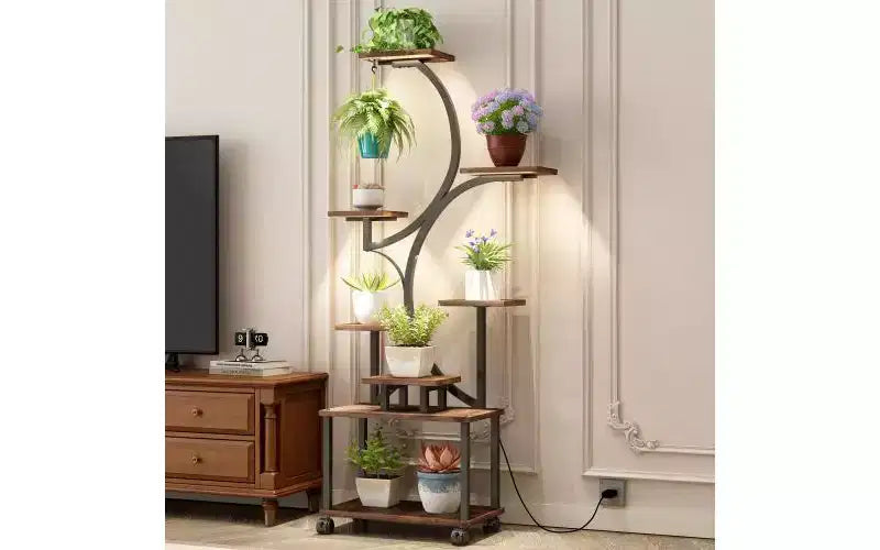 Soporte esquinero alto para plantas de 62 pulgadas con luces, para plantas de interior, estantería para flores de 8 niveles, estante decorativo en forma de S para sala de estar, negro