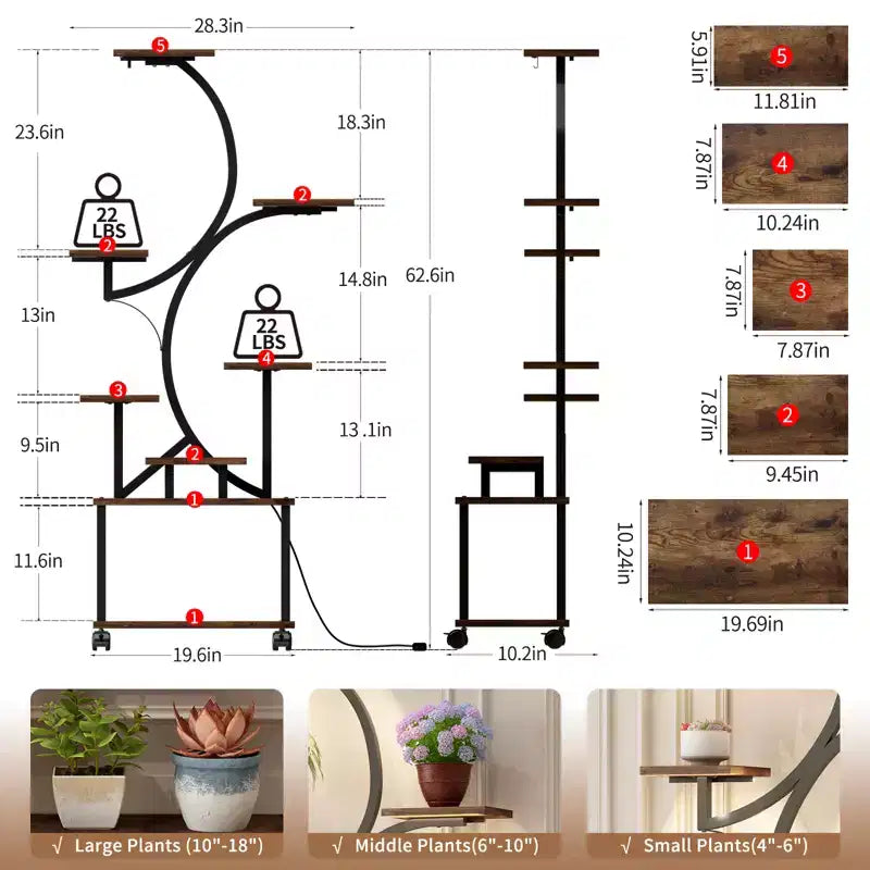 Soporte esquinero alto para plantas de 62 pulgadas con luces, para plantas de interior, estantería para flores de 8 niveles, estante decorativo en forma de S para sala de estar, negro