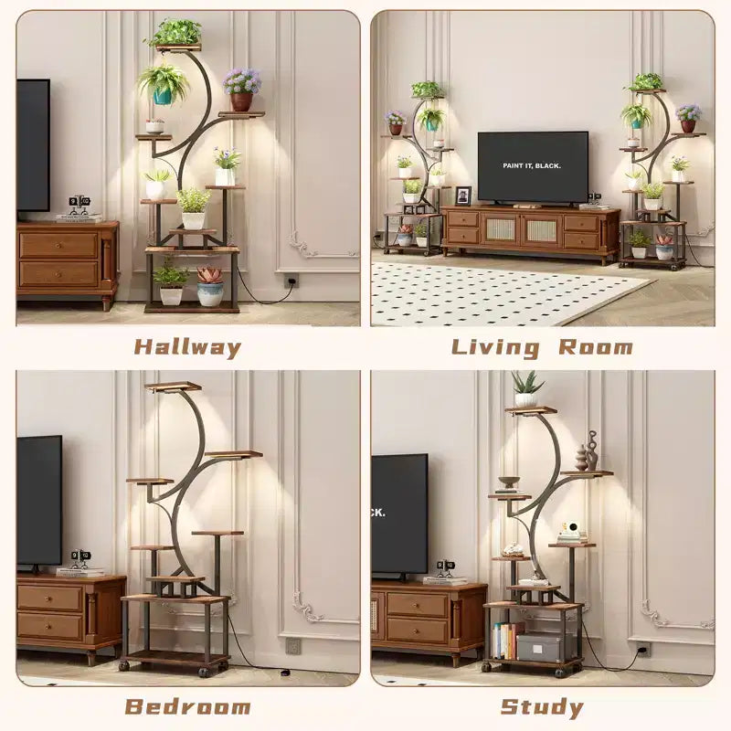 Soporte esquinero alto para plantas de 62 pulgadas con luces, para plantas de interior, estantería para flores de 8 niveles, estante decorativo en forma de S para sala de estar, negro