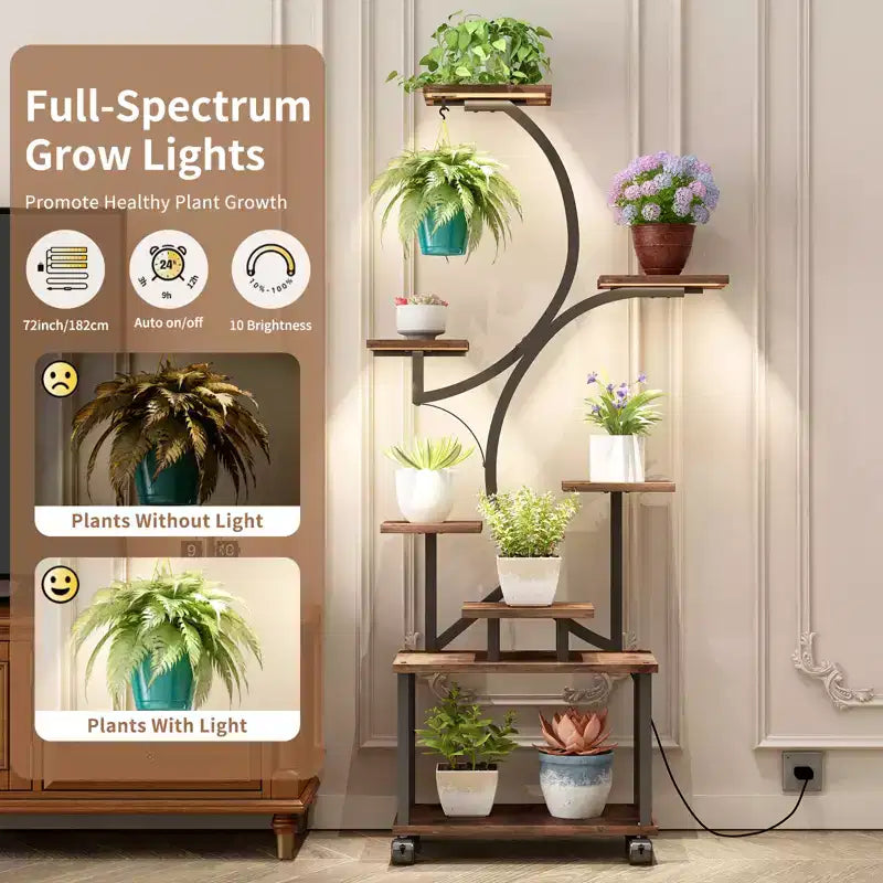 Soporte esquinero alto para plantas de 62 pulgadas con luces, para plantas de interior, estantería para flores de 8 niveles, estante decorativo en forma de S para sala de estar, negro