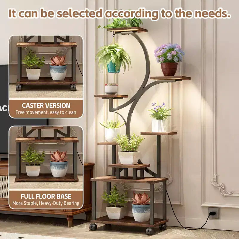 Soporte esquinero alto para plantas de 62 pulgadas con luces, para plantas de interior, estantería para flores de 8 niveles, estante decorativo en forma de S para sala de estar, negro