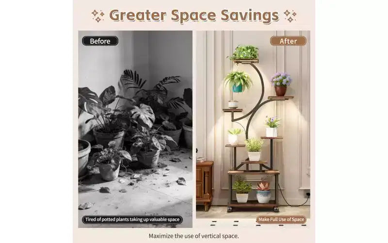 Soporte esquinero alto para plantas de 62 pulgadas con luces, para plantas de interior, estantería para flores de 8 niveles, estante decorativo en forma de S para sala de estar, negro