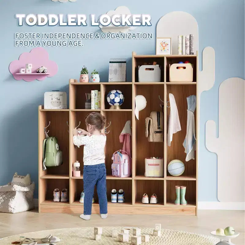 Armario para abrigos, organizador infantil - 5 secciones con 9 compartimentos, 10 ganchos y dispositivo antivuelco, almacenamiento de madera duradera para entrada, dormitorio o sala de juegos