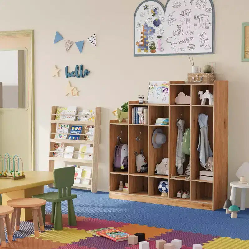 Armario para abrigos, organizador infantil - 5 secciones con 9 compartimentos, 10 ganchos y dispositivo antivuelco, almacenamiento de madera duradera para entrada, dormitorio o sala de juegos