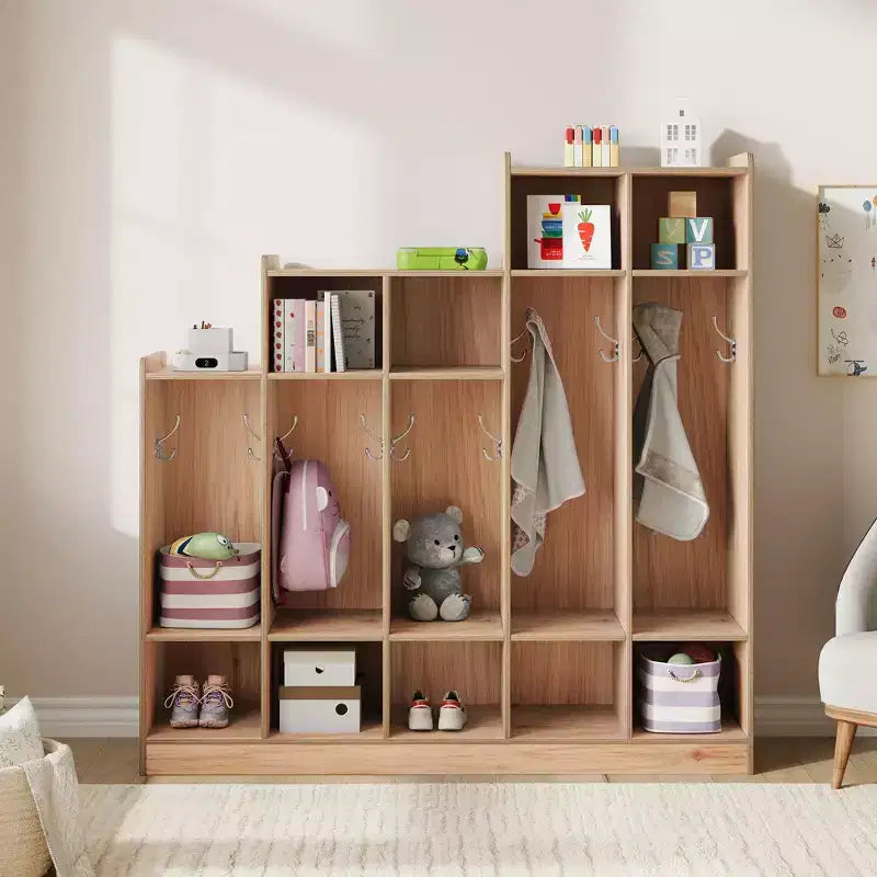 Armario para abrigos, organizador infantil - 5 secciones con 9 compartimentos, 10 ganchos y dispositivo antivuelco, almacenamiento de madera duradera para entrada, dormitorio o sala de juegos