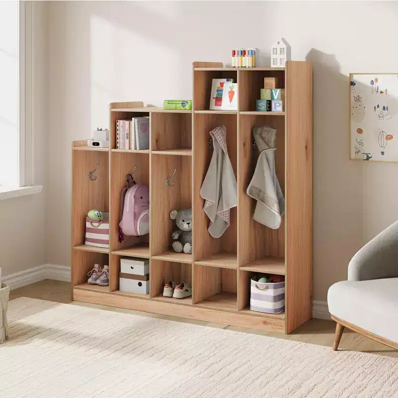 Armario para abrigos, organizador infantil - 5 secciones con 9 compartimentos, 10 ganchos y dispositivo antivuelco, almacenamiento de madera duradera para entrada, dormitorio o sala de juegos