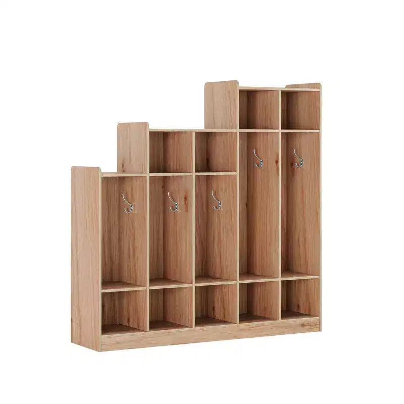 Armario para abrigos, organizador infantil - 5 secciones con 9 compartimentos, 10 ganchos y dispositivo antivuelco, almacenamiento de madera duradera para entrada, dormitorio o sala de juegos