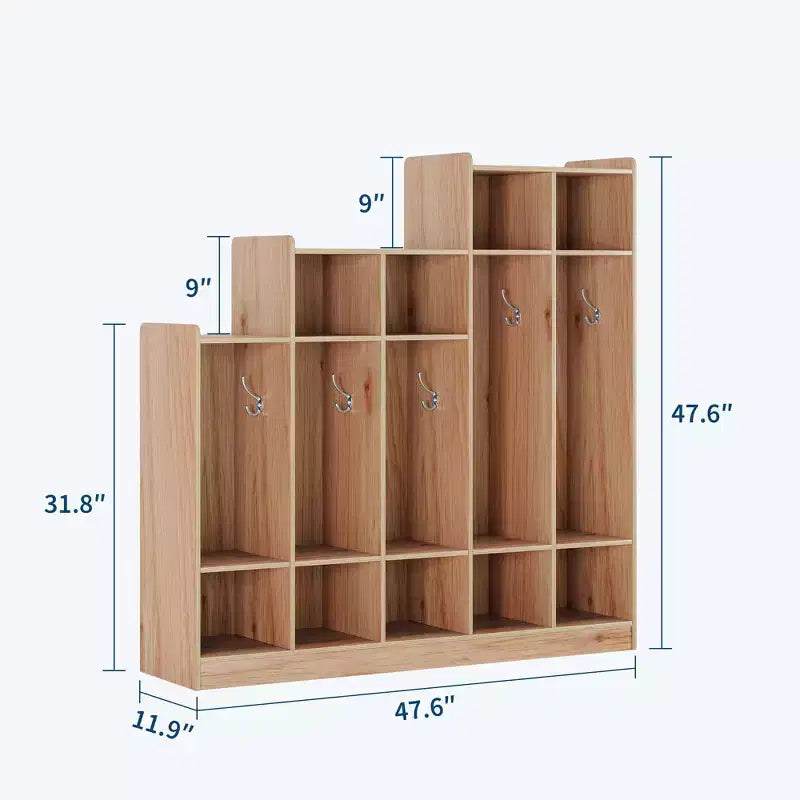 Armario para abrigos, organizador infantil - 5 secciones con 9 compartimentos, 10 ganchos y dispositivo antivuelco, almacenamiento de madera duradera para entrada, dormitorio o sala de juegos