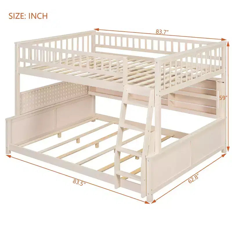 Litera con cama superior Full XL y cama inferior Queen, estanterías integradas, luces de colores cambiantes y panel perforado