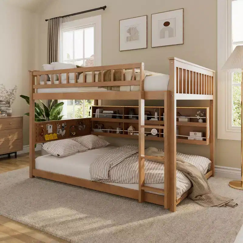 Litera con cama superior Full XL y cama inferior Queen, estanterías integradas, luces de colores cambiantes y panel perforado