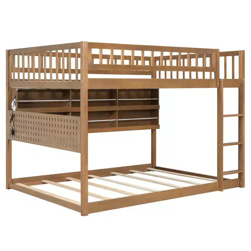 Litera con cama superior Full XL y cama inferior Queen, estanterías integradas, luces de colores cambiantes y panel perforado