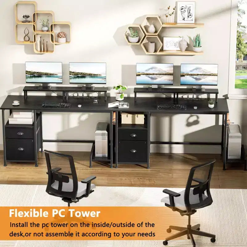 47-Inch-Computertisch in Schwarz mit Ladestation, Aktenschrank, Ablageflächen für 2 Monitore, Stauraumschublade und Regalen, Schreibtisch für Homeoffice, Gaming und Schlafzimmer