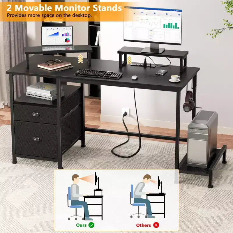 47-Inch-Computertisch in Schwarz mit Ladestation, Aktenschrank, Ablageflächen für 2 Monitore, Stauraumschublade und Regalen, Schreibtisch für Homeoffice, Gaming und Schlafzimmer