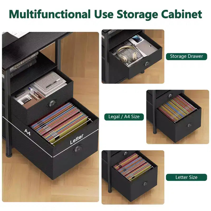 Bureau d’ordinateur noir de 47 pouces avec station de recharge, classeur, deux supports d’écran, tiroir de rangement et étagères, pour bureau à domicile, jeux, écriture ou chambre