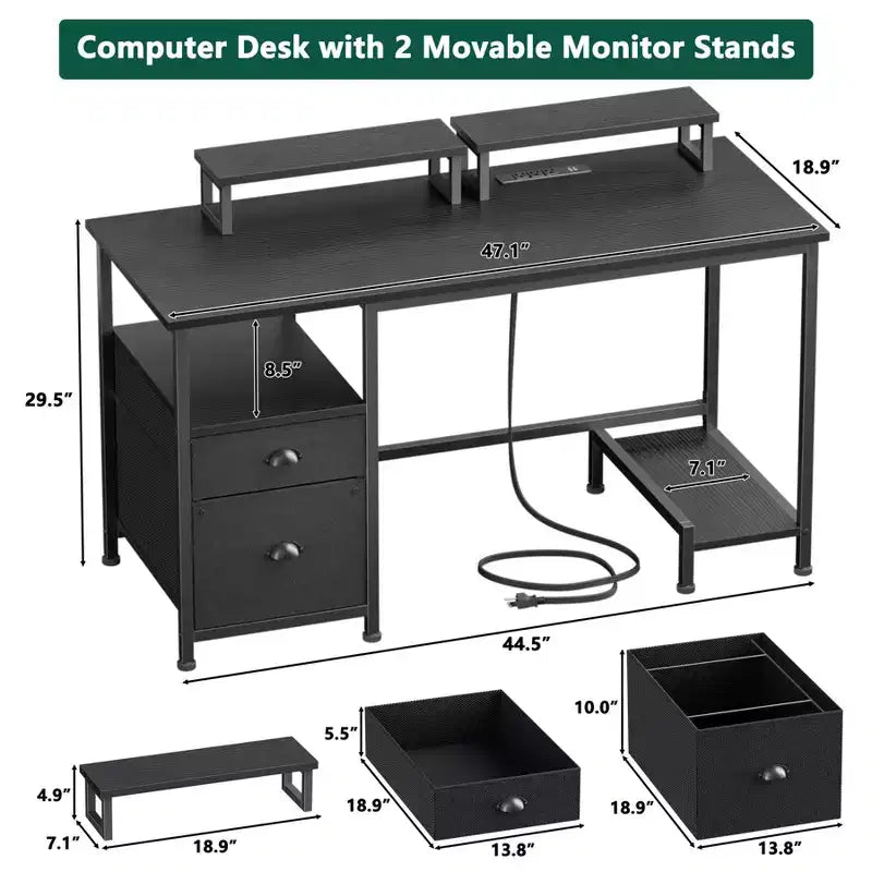 Bureau d’ordinateur noir de 47 pouces avec station de recharge, classeur, deux supports d’écran, tiroir de rangement et étagères, pour bureau à domicile, jeux, écriture ou chambre