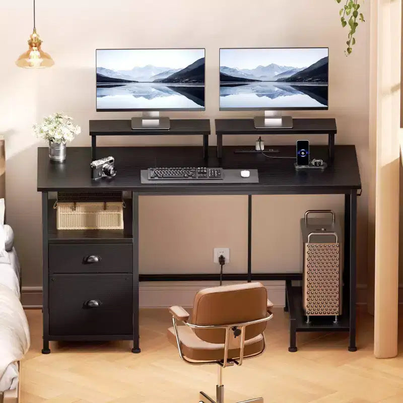 47-Inch-Computertisch in Schwarz mit Ladestation, Aktenschrank, Ablageflächen für 2 Monitore, Stauraumschublade und Regalen, Schreibtisch für Homeoffice, Gaming und Schlafzimmer