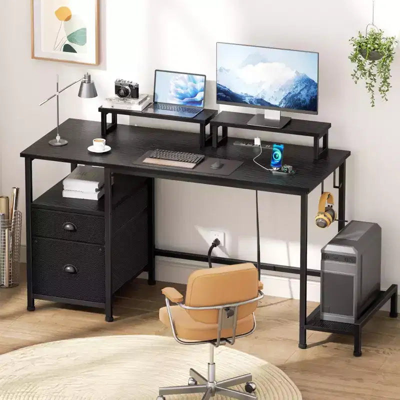 Bureau d’ordinateur noir de 47 pouces avec station de recharge, classeur, deux supports d’écran, tiroir de rangement et étagères, pour bureau à domicile, jeux, écriture ou chambre