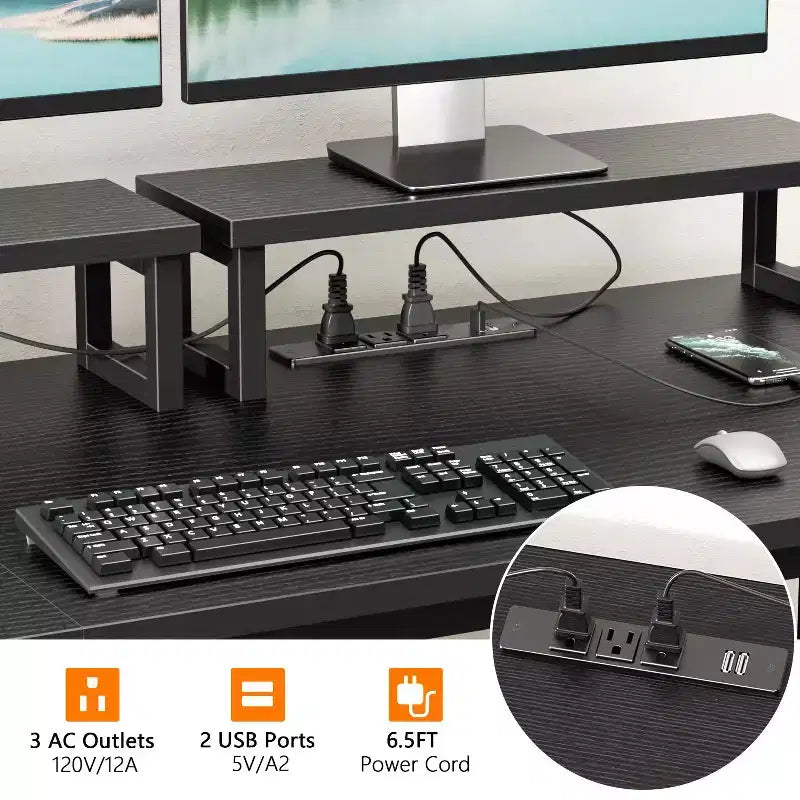 Bureau d’ordinateur noir de 47 pouces avec station de recharge, classeur, deux supports d’écran, tiroir de rangement et étagères, pour bureau à domicile, jeux, écriture ou chambre