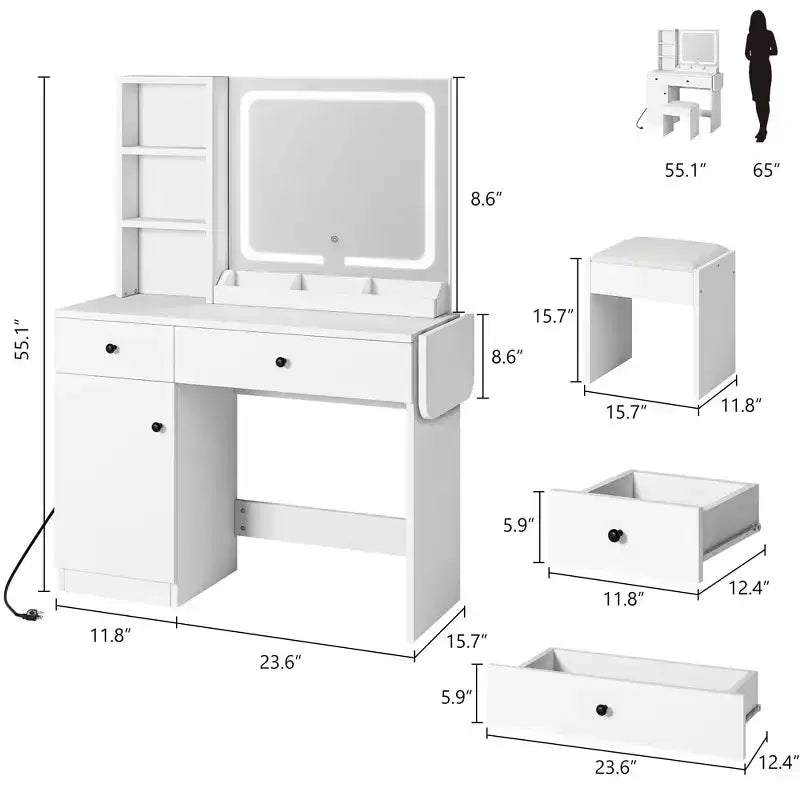 Coiffeuse avec miroir et éclairage, ensemble avec prise, tiroirs, étagère ouverte et armoire de rangement, pour chambre