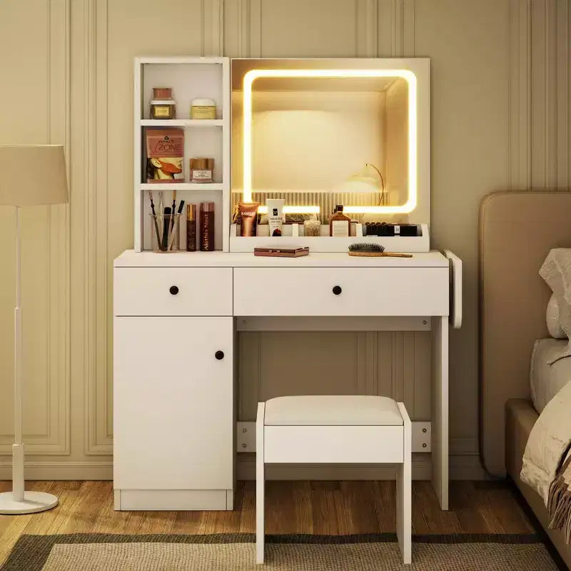Coiffeuse avec miroir et éclairage, ensemble avec prise, tiroirs, étagère ouverte et armoire de rangement, pour chambre