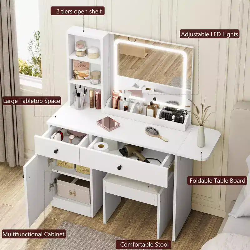 Coiffeuse avec miroir et éclairage, ensemble avec prise, tiroirs, étagère ouverte et armoire de rangement, pour chambre