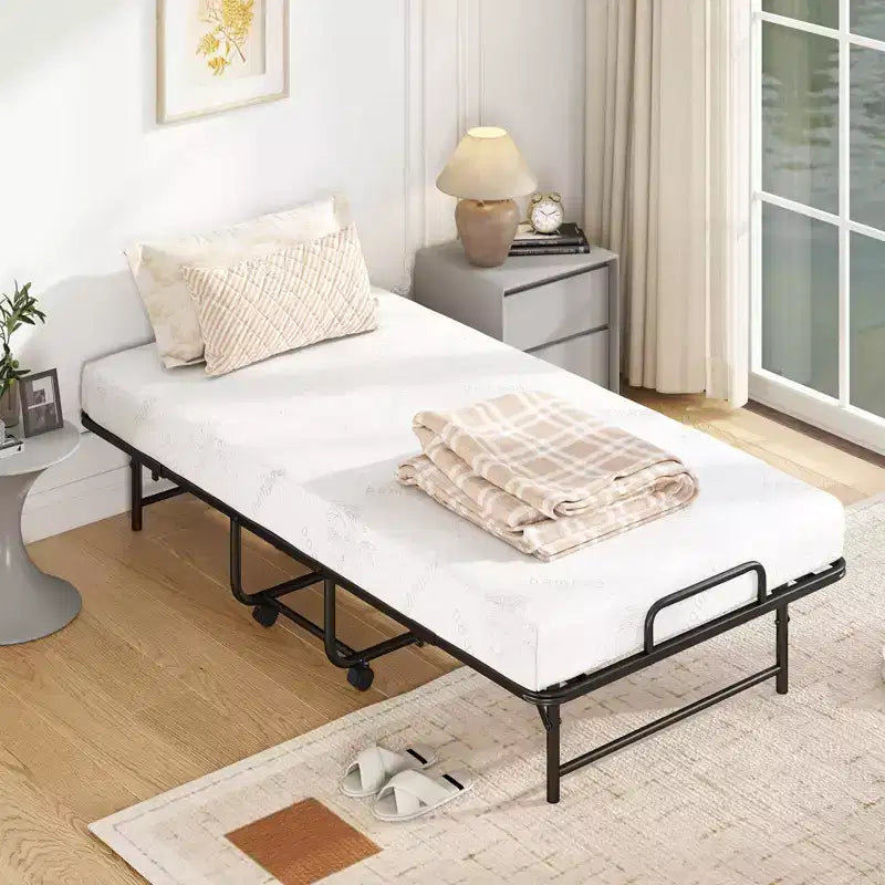 Cama plegable individual con colchón de 5 pulgadas, colchón de espuma viscoelástica y estructura de láminas metálicas