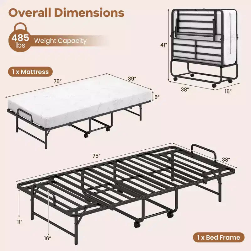 Cama plegable individual con colchón de 5 pulgadas, colchón de espuma viscoelástica y estructura de láminas metálicas