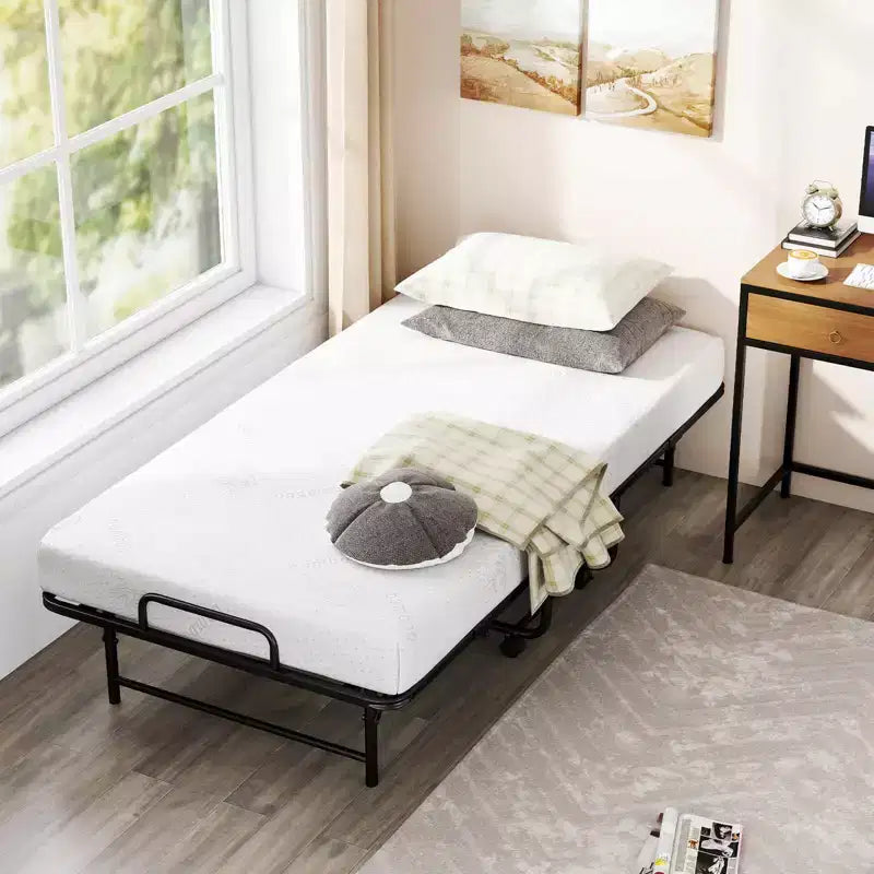 Cama plegable individual con colchón de 5 pulgadas, colchón de espuma viscoelástica y estructura de láminas metálicas