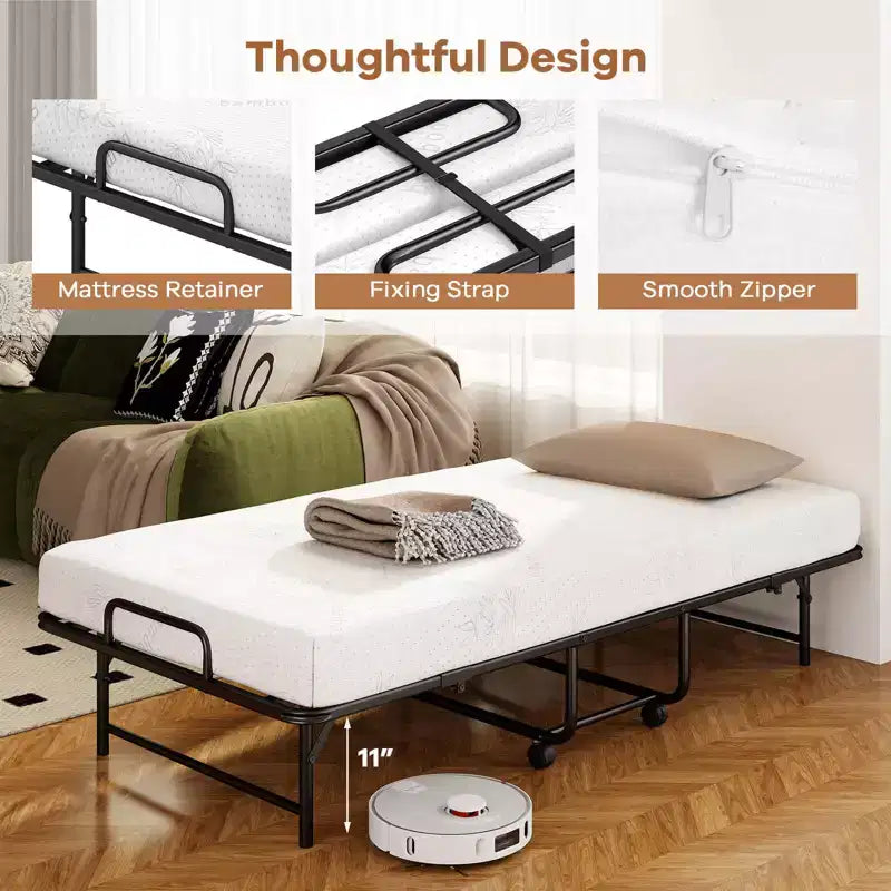 Cama plegable individual con colchón de 5 pulgadas, colchón de espuma viscoelástica y estructura de láminas metálicas