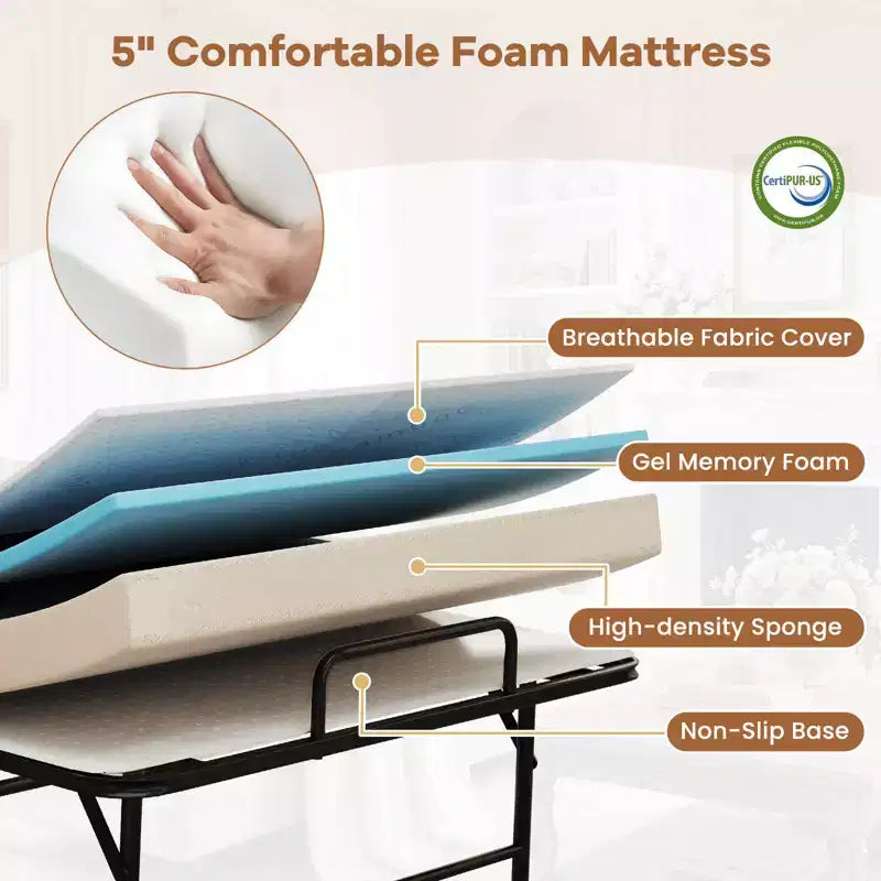 Cama plegable individual con colchón de 5 pulgadas, colchón de espuma viscoelástica y estructura de láminas metálicas