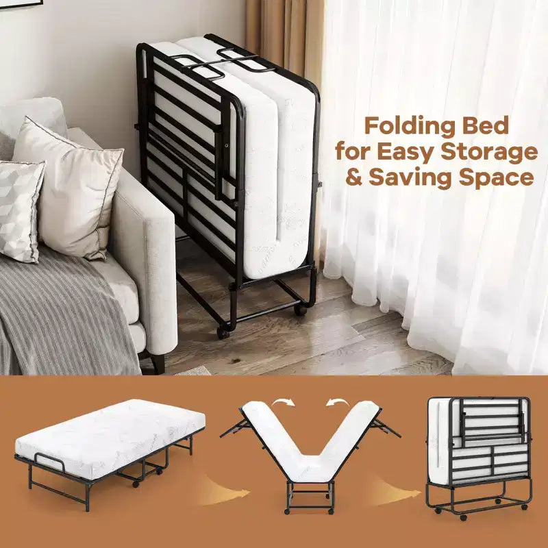 Cama plegable individual con colchón de 5 pulgadas, colchón de espuma viscoelástica y estructura de láminas metálicas