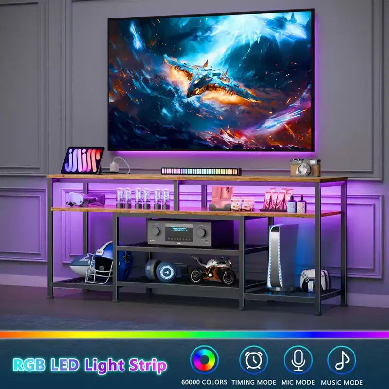 Mueble para TV marrón de 55 Inch con estación de carga y luces LED, centro de entretenimiento para televisores de hasta 60 Inch, consola multimedia con estantes de almacenamiento para sala de estar o dormitorio