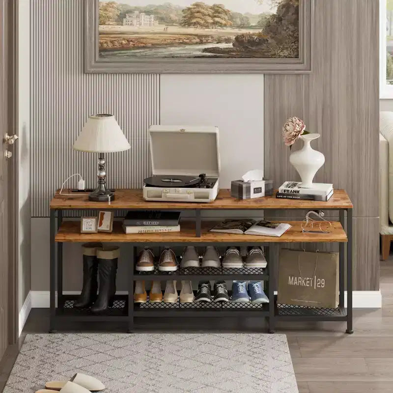 Mueble para TV marrón de 55 Inch con estación de carga y luces LED, centro de entretenimiento para televisores de hasta 60 Inch, consola multimedia con estantes de almacenamiento para sala de estar o dormitorio