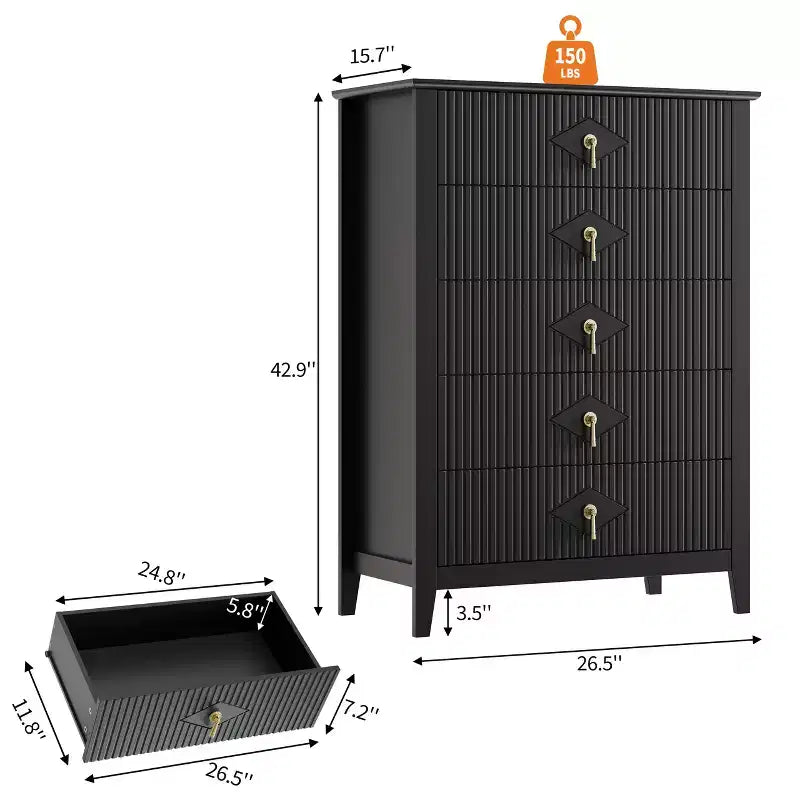 Commode cannelée à 5 tiroirs de 42.9 de haut, avec design moderne ondulé et poignées en métal, pour chambre et salon