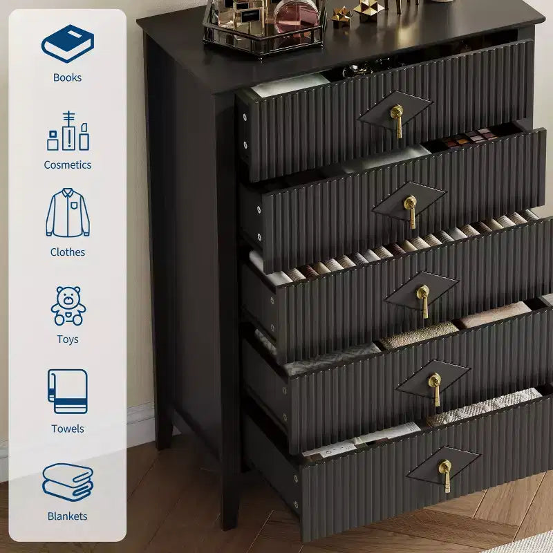 Commode cannelée à 5 tiroirs de 42.9 de haut, avec design moderne ondulé et poignées en métal, pour chambre et salon